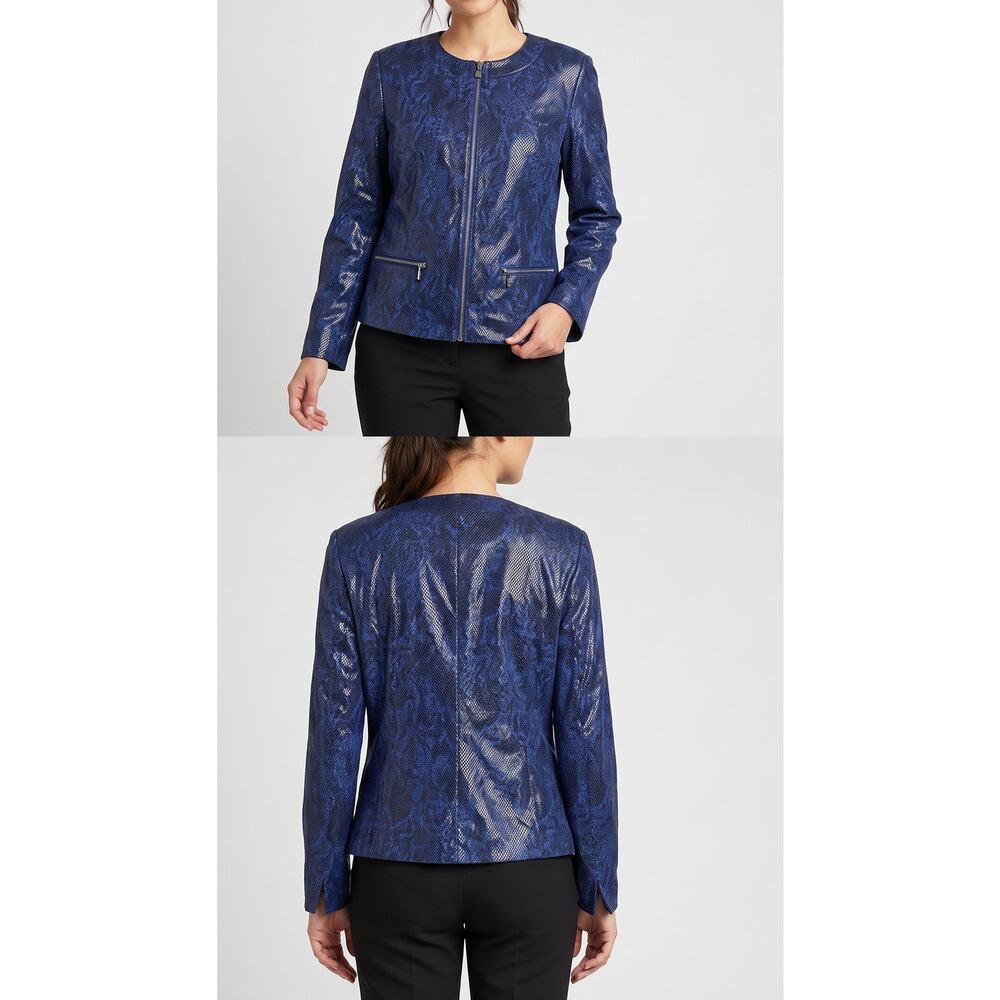 JM Collection Size 14 Blue Faux Snakeskin Print Full Zip Jacket Metallic Texture - Picture 8 of 9